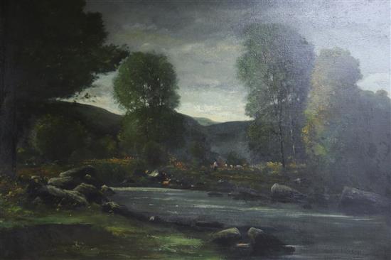 Circle of James Pride (1861-1941), oil on canvas, wooded river landscape, 59.5 x 90cm